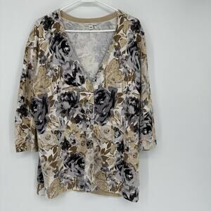 Isaac Mizrahi Live Cardigan Womens Large Neutral Floral Button Front 3/4 Sleeve